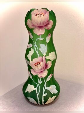 Carl Goldberg Antique Bohemian Floral Hand Painted Vase, Green Satin Glass 9”